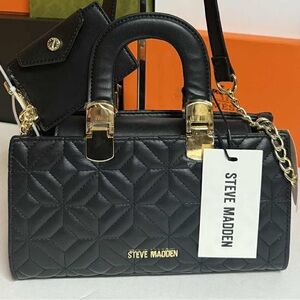 Steve Madden Black Quilted Satchel with Gold Accents